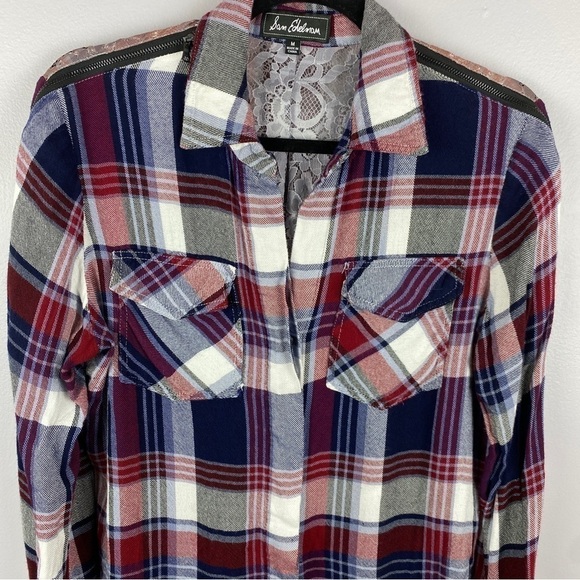 SAM Edelman Riley Blue Red Plaid Lace Back Button Down Shirt Medium - Picture 3 of 15